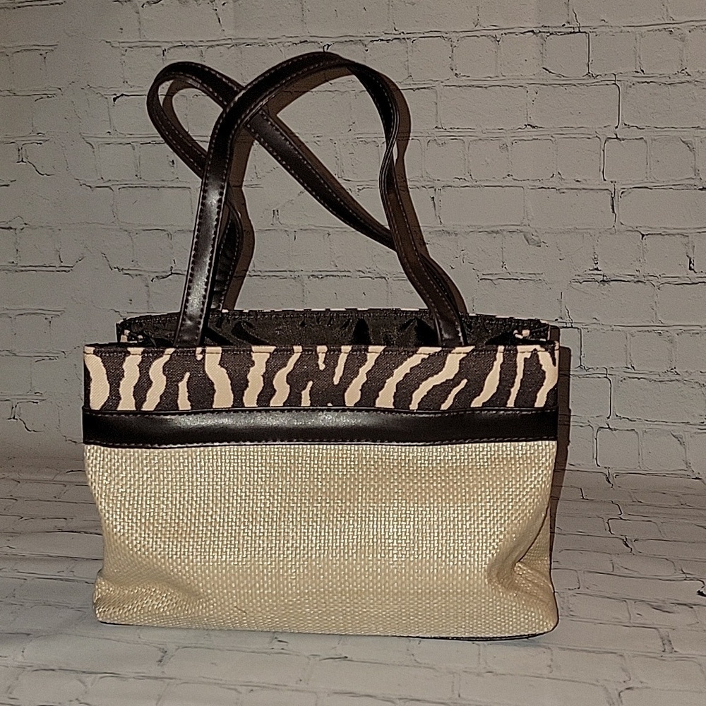 Estee Lauder Mini Tote with coin purse Tan Burlap and Brown and Tan Zebra Print - Picture 3 of 4